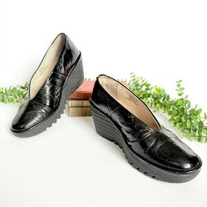 Fly London Yaz Black Patent Leather V Cut Wedge Ballet Pump Size 38